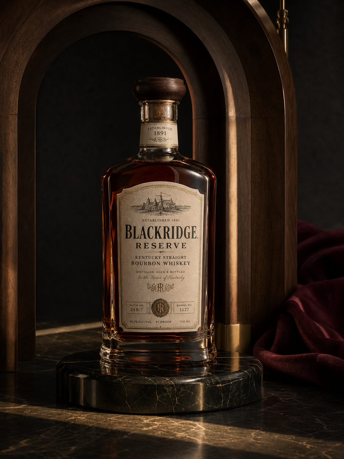 Create a premium advertising hero image for an ultra-premium Kentucky straight bourbon called BLACKRIDGE RESERVE.

Present the bourbon in a heavy, timeless crystal bottle with thick glass, broad shoulders, a rich dark-amber spirit, and a substantial dark walnut stopper. The label should feel authentic and historic, as if the distillery has existed for generations: warm ivory textured paper, engraved serif lettering, fine ornamental borders, a small illustrated distillery crest, subtle aged-gold foil, “Established 1891,” and understated batch and barrel details. Keep the branding refined, believable, and rooted in classic American whiskey heritage.

Place the bottle inside a sculptural environment made of dark American walnut arches, aged brass details, polished black stone, and softly folded deep burgundy fabric.

Use a deep charcoal studio background, sophisticated art direction, elegant negative space, precise bottle geometry, realistic glass thickness, rich amber refractions, and controlled reflections. Add a narrow beam of warm late-afternoon light crossing the composition and casting a dramatic graphic shadow across the stone surface.

High-end heritage spirits photography, cinematic editorial lighting, crisp focus, realistic scale, restrained luxury, classic American craftsmanship, minimal composition, no people, no drinking glass, no ice, no additional bottles, no floating text outside the label, no watermark.